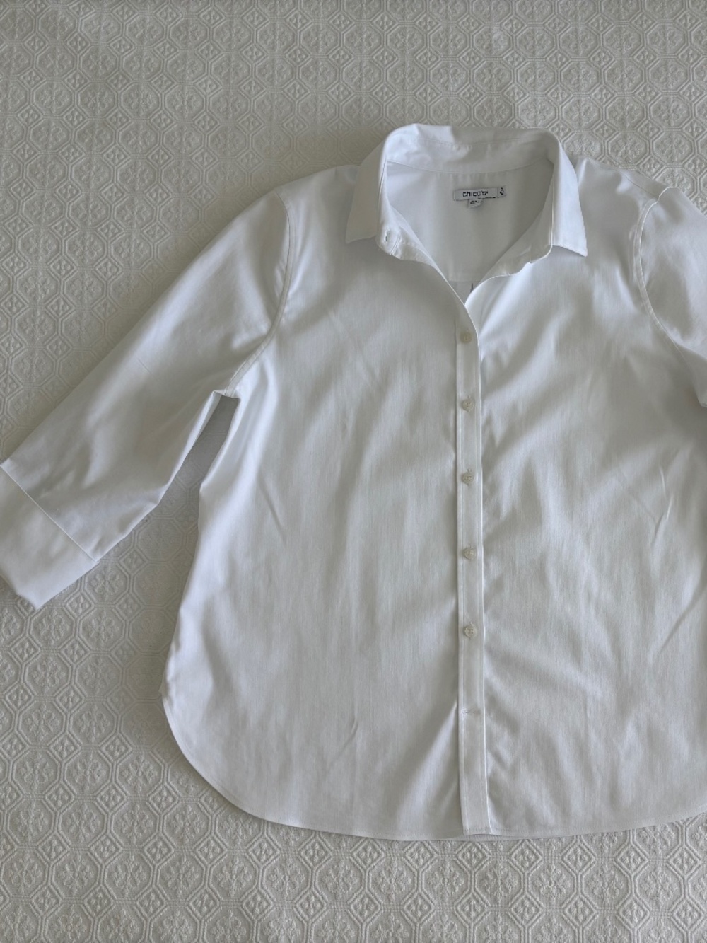 Chico's 2 No-Iron Chic Stretch Shirt XL White 3/4 Sleeve Button Front Blouse
